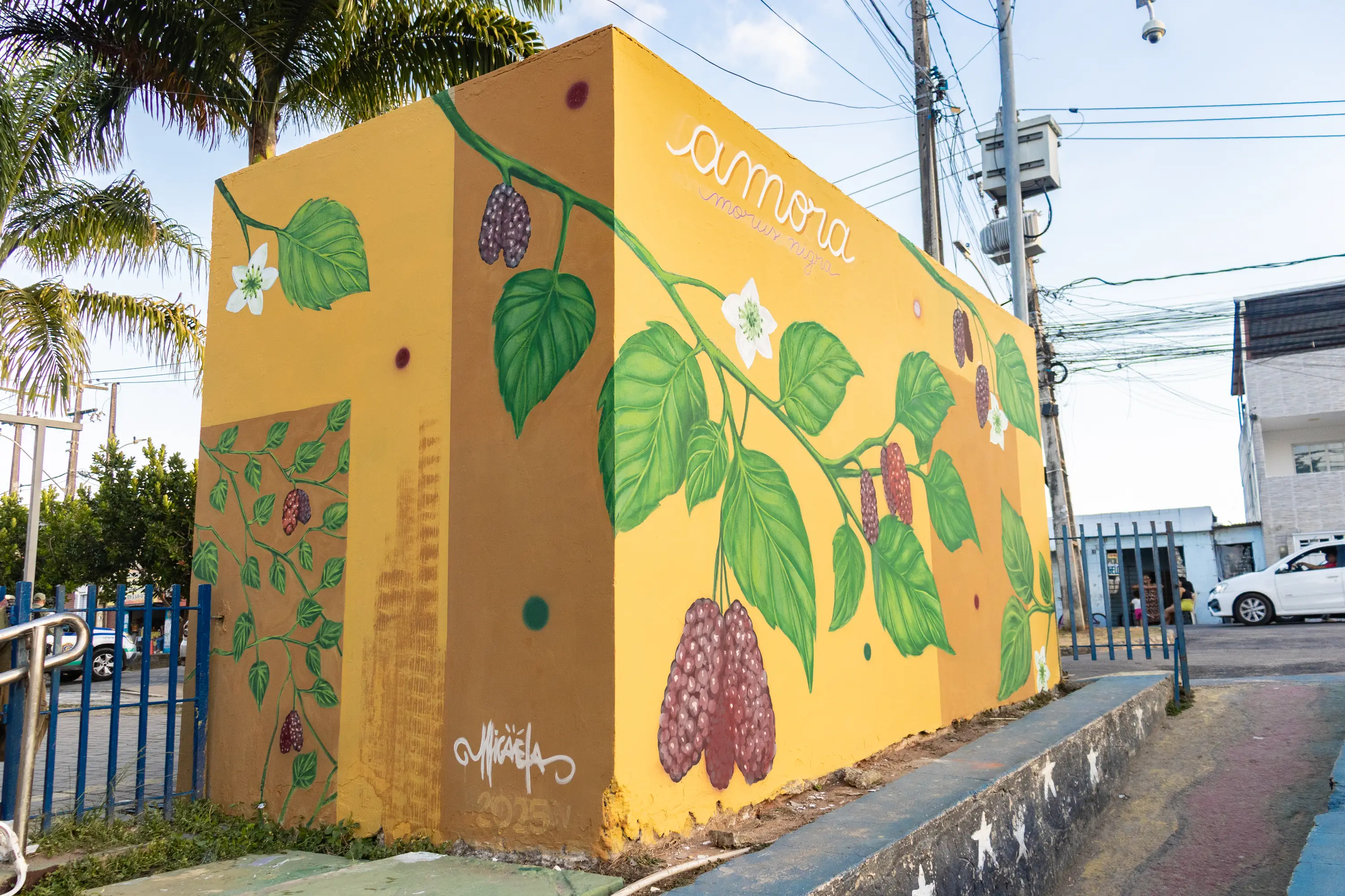 Foto do Mural representando a planta Amora pintado por Micaela Nunes