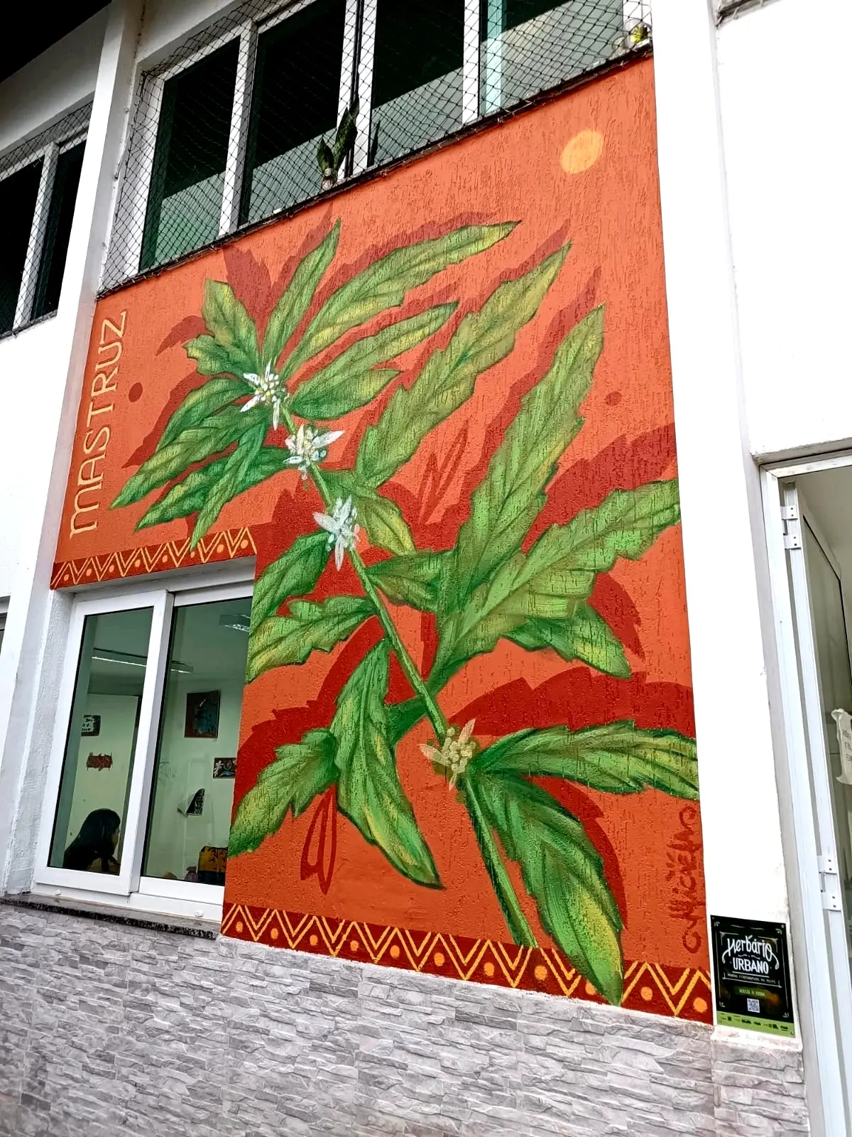 Foto do Mural representando a planta Mastruz pintado por Micaela Nunes